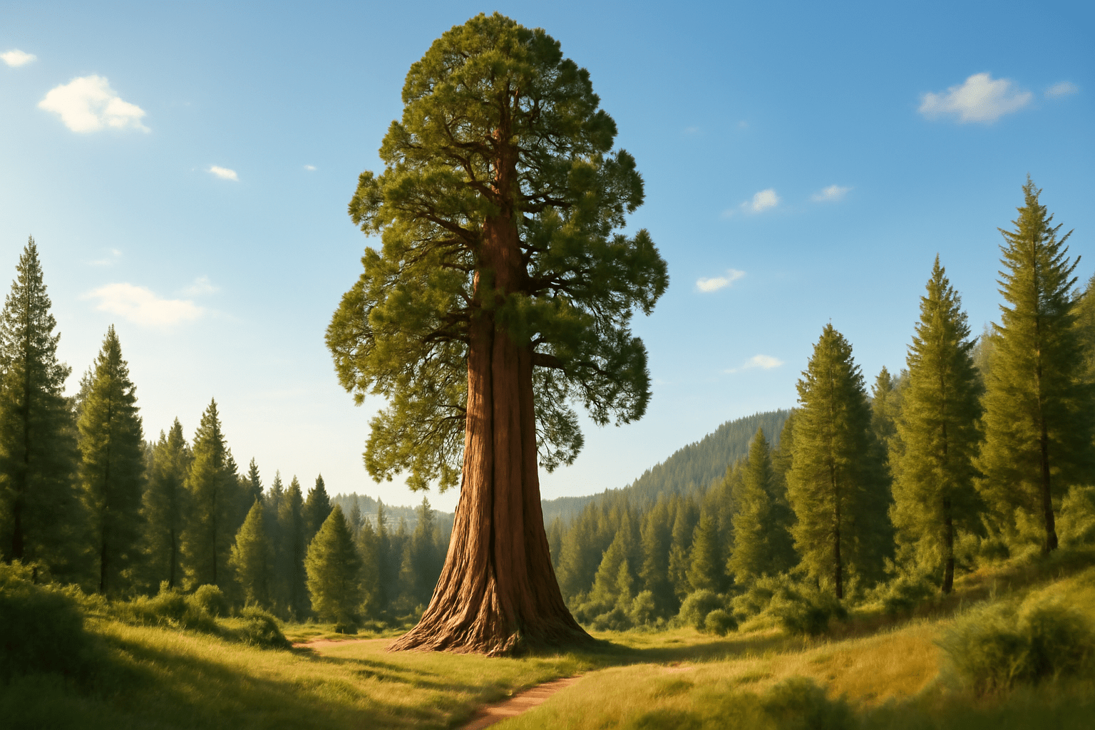 A majestic sequoia stands tall in a sunlit forest clearing, surrounded by pines, under a clear blue sky. The scene feels serene and tranquil.