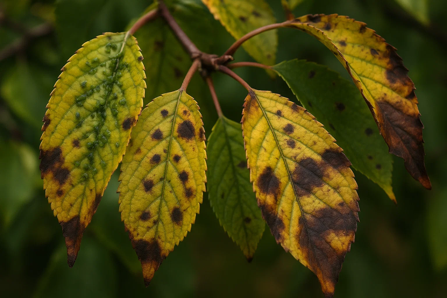 A close-up view of leaves showing various shades of green and hints of autumn colors, with intricate details highlighting the leaf veins and textures.