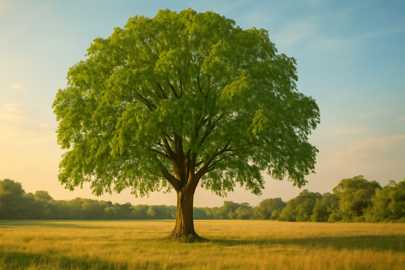 "A mature black walnut tree standing tall in a sunlit field with a sense of accomplishment, symbolizing the successful journey from seedling to mature tree."