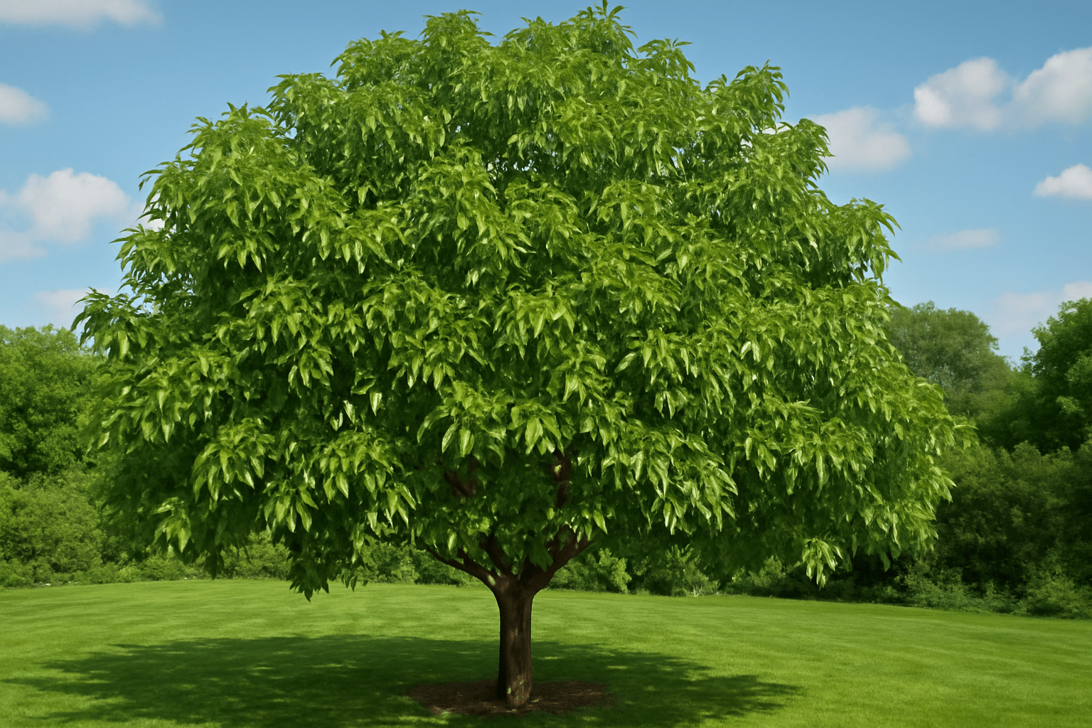 "Mature walnut tree with a full canopy and ripe walnuts hanging, representing the successful growth of a walnut tree."
