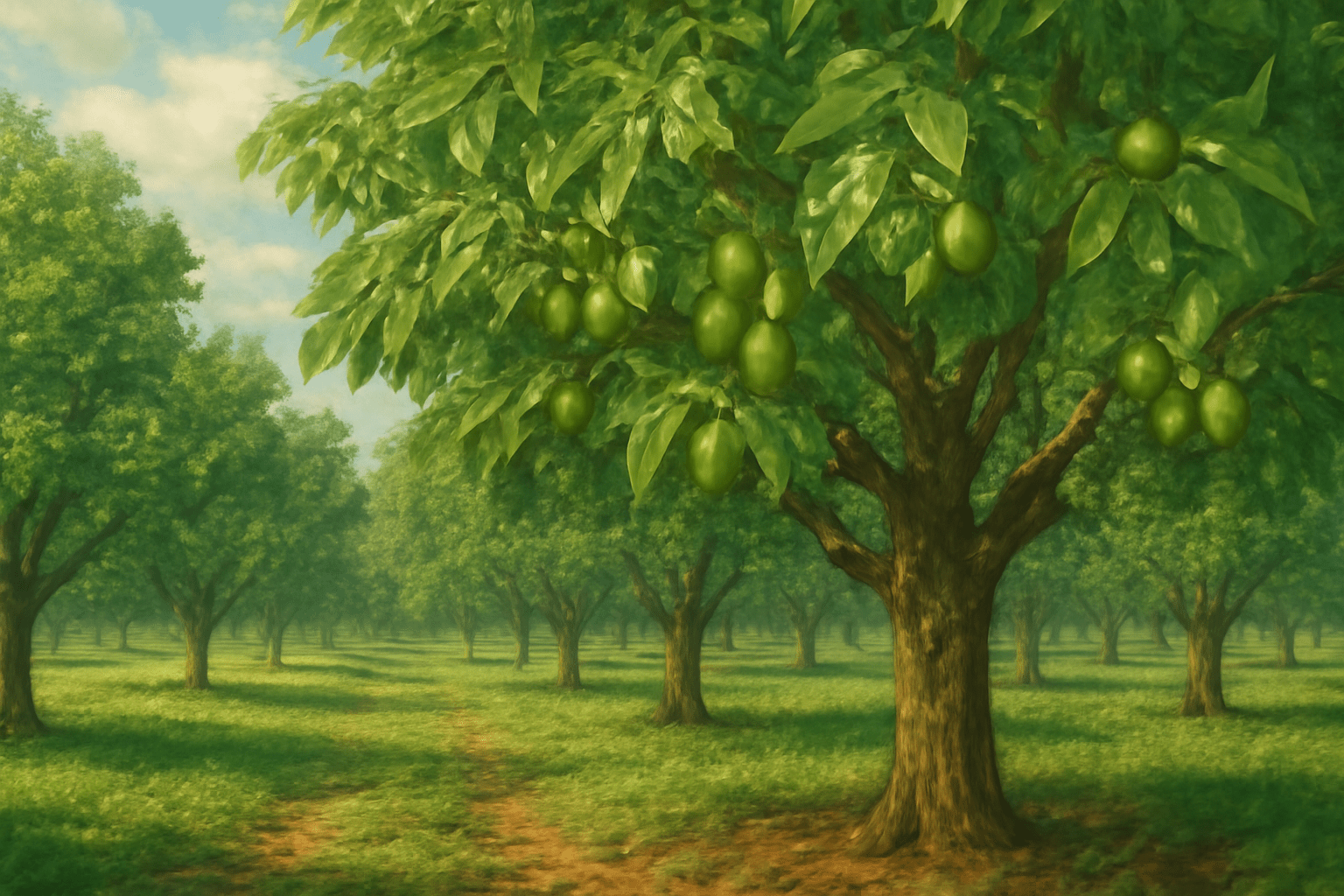 "Flourishing walnut orchard with mature trees and nuts ready for harvest"