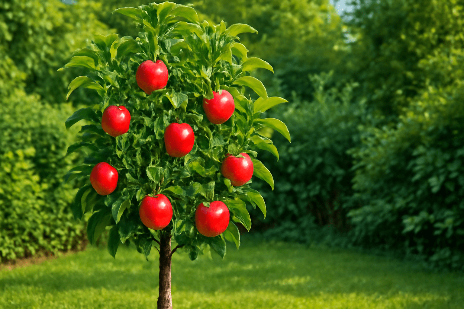 "Thriving dwarf apple tree in a small garden, showcasing successful growth and a bountiful harvest."
