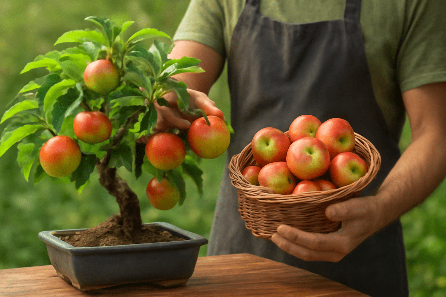 "Harvesting ripe apples from a bonsai apple tree, ready for fresh consumption."