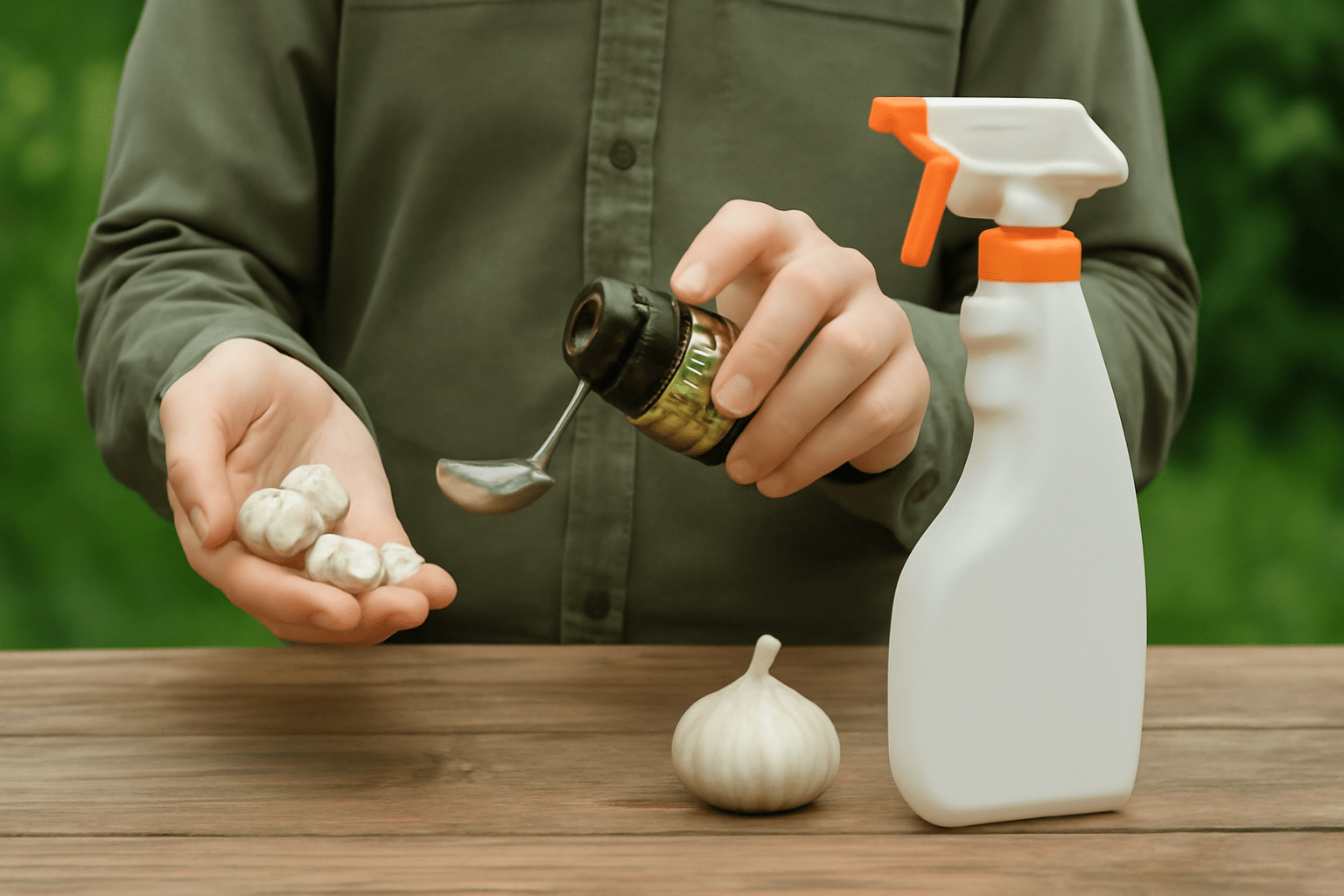 Gardener preparing a natural apple tree spray with neem oil and garlic for eco-friendly pest control."