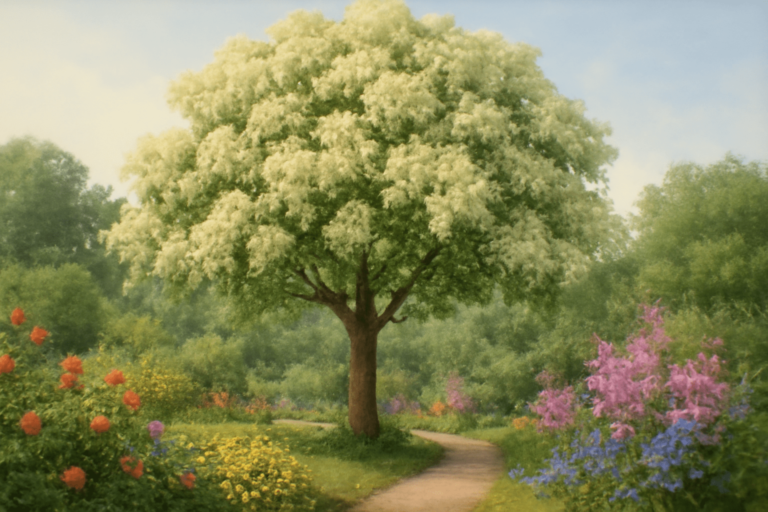 "Serene garden with fragrant ash tree as the centerpiece, surrounded by vibrant flowers and lush greenery."