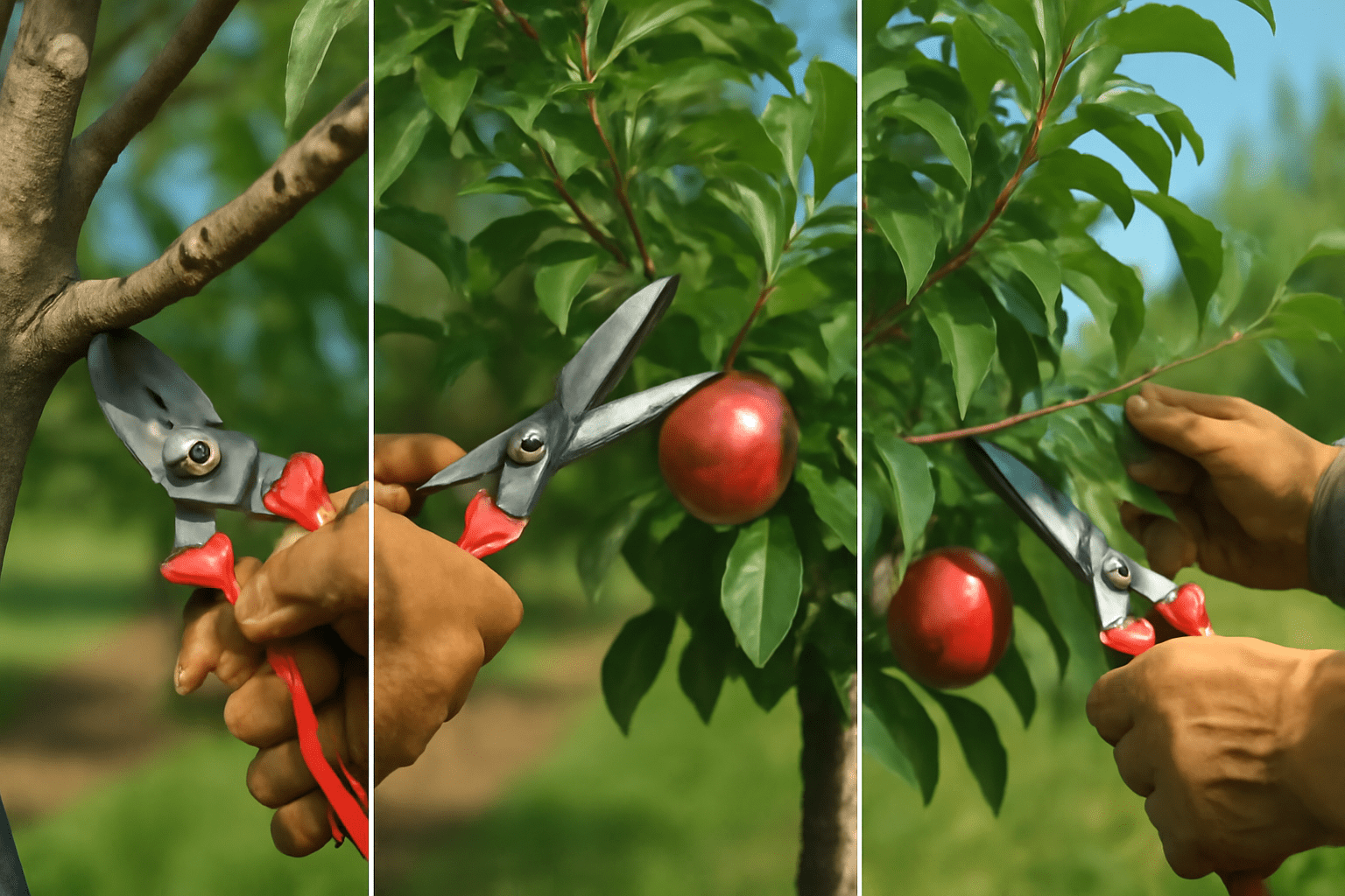 "Gardener pruning an apple tree step by step, focusing on healthy cuts and tree shaping."
