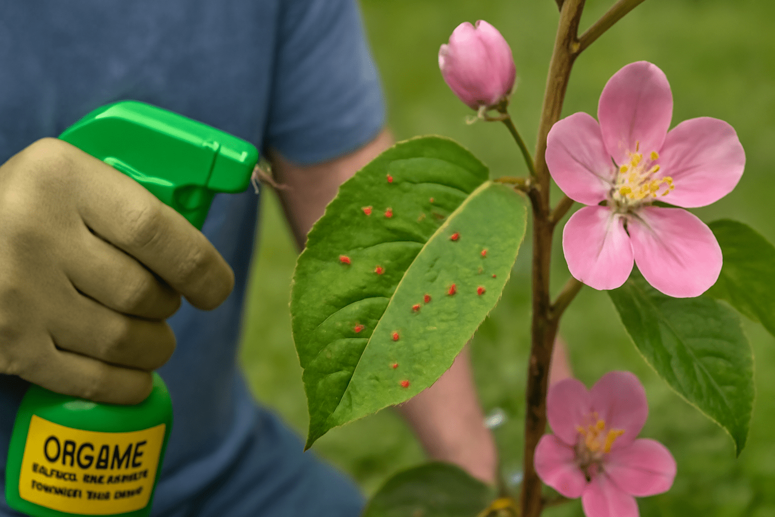 "Close-up of flowering apple tree leaf with pest damage, being treated with organic insecticide."