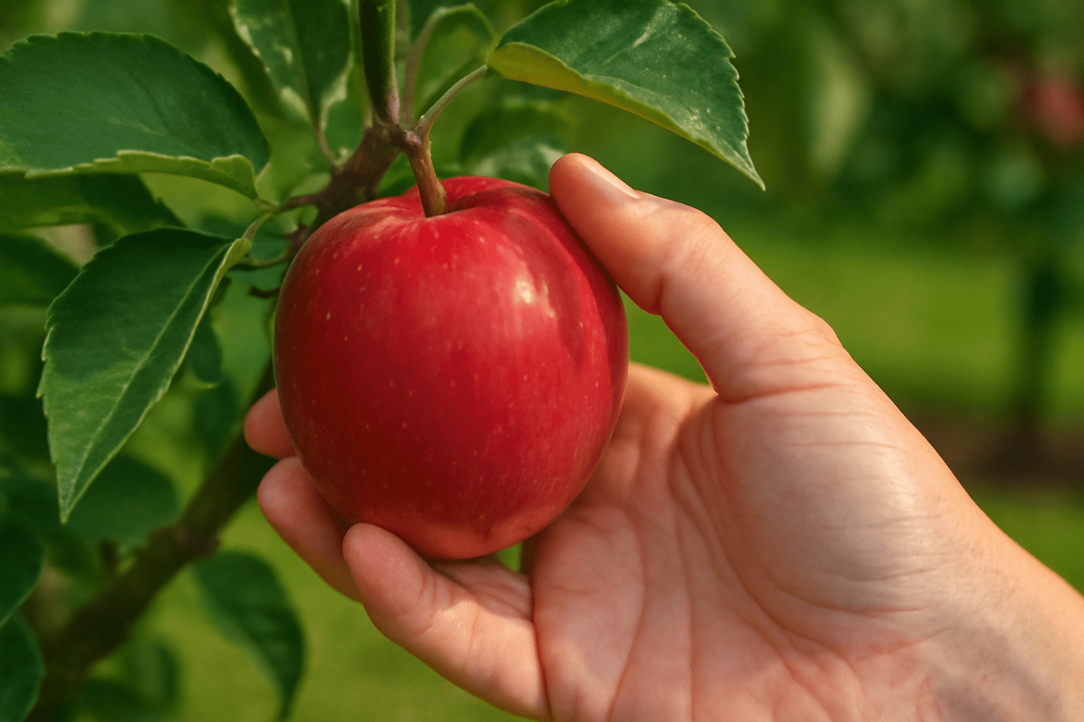 "Picking ripe McIntosh apple from a tree during harvest season."