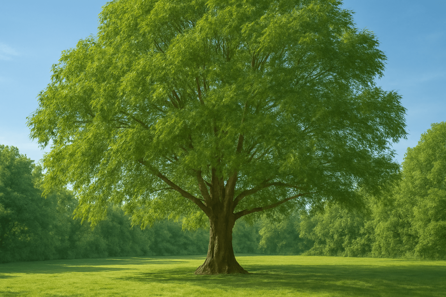 “Mature hickory tree in a peaceful landscape, offering shade and natural beauty.”
