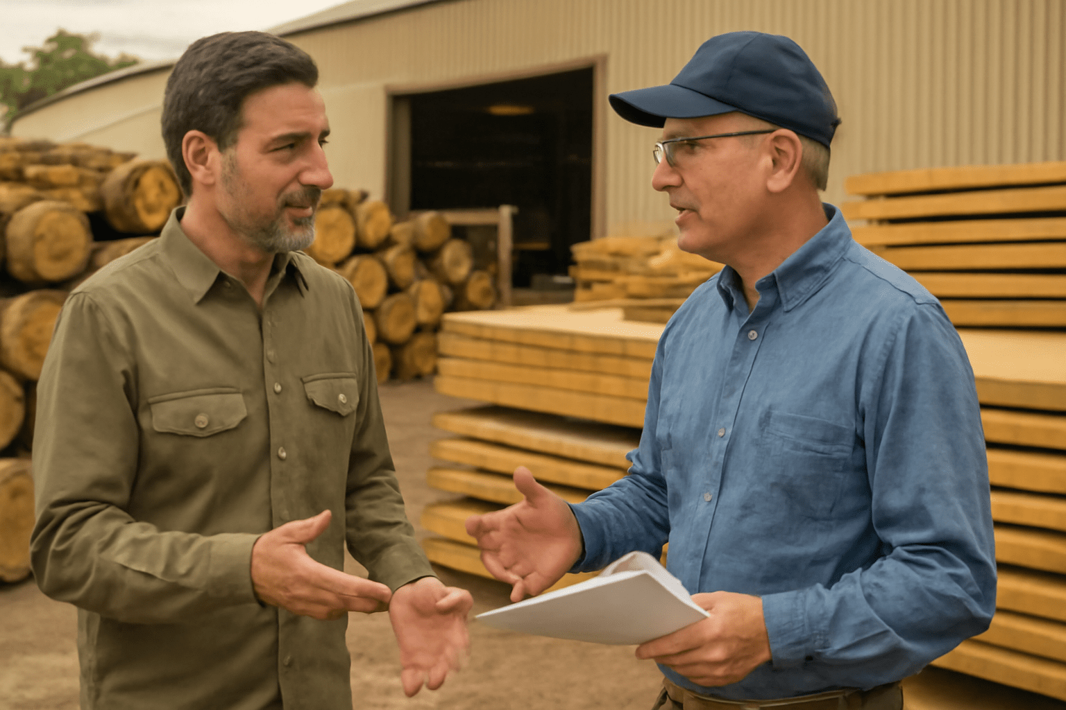 "Seller negotiating with a buyer for hickory trees, with hickory logs in the background."