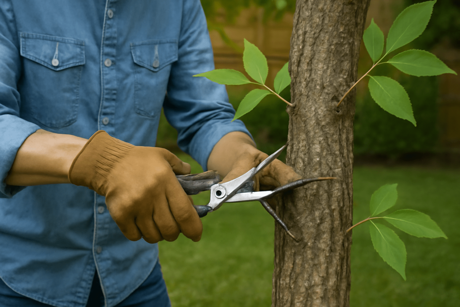 "A gardener pruning a hickory tree with sharp, clean tools, removing dead branches and improving tree shape."
