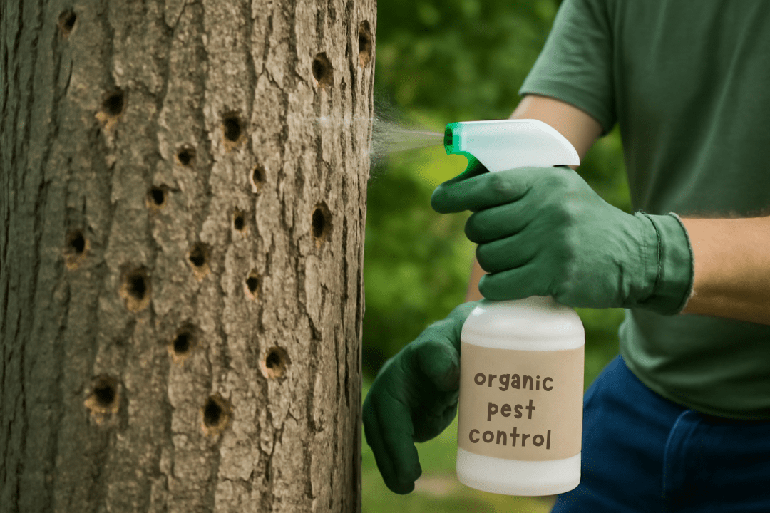 "Hickory tree with pest damage, with a gardener applying organic pest control."