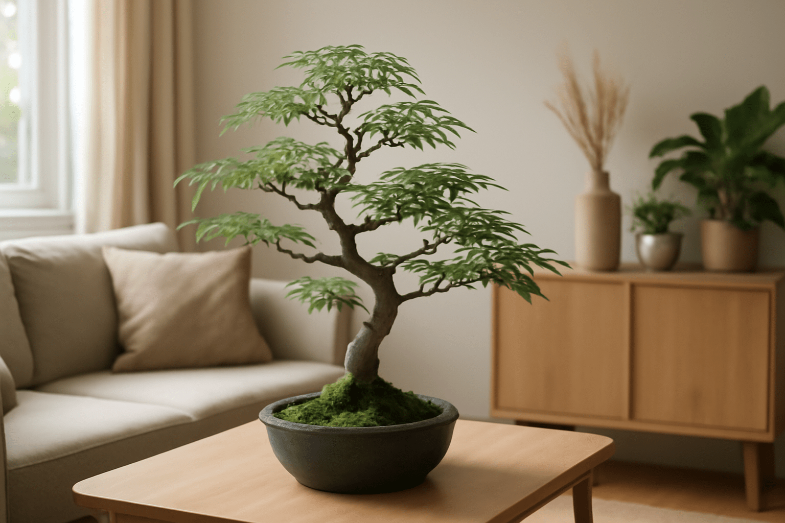 "Ash bonsai tree as a centerpiece in a beautifully decorated indoor space."