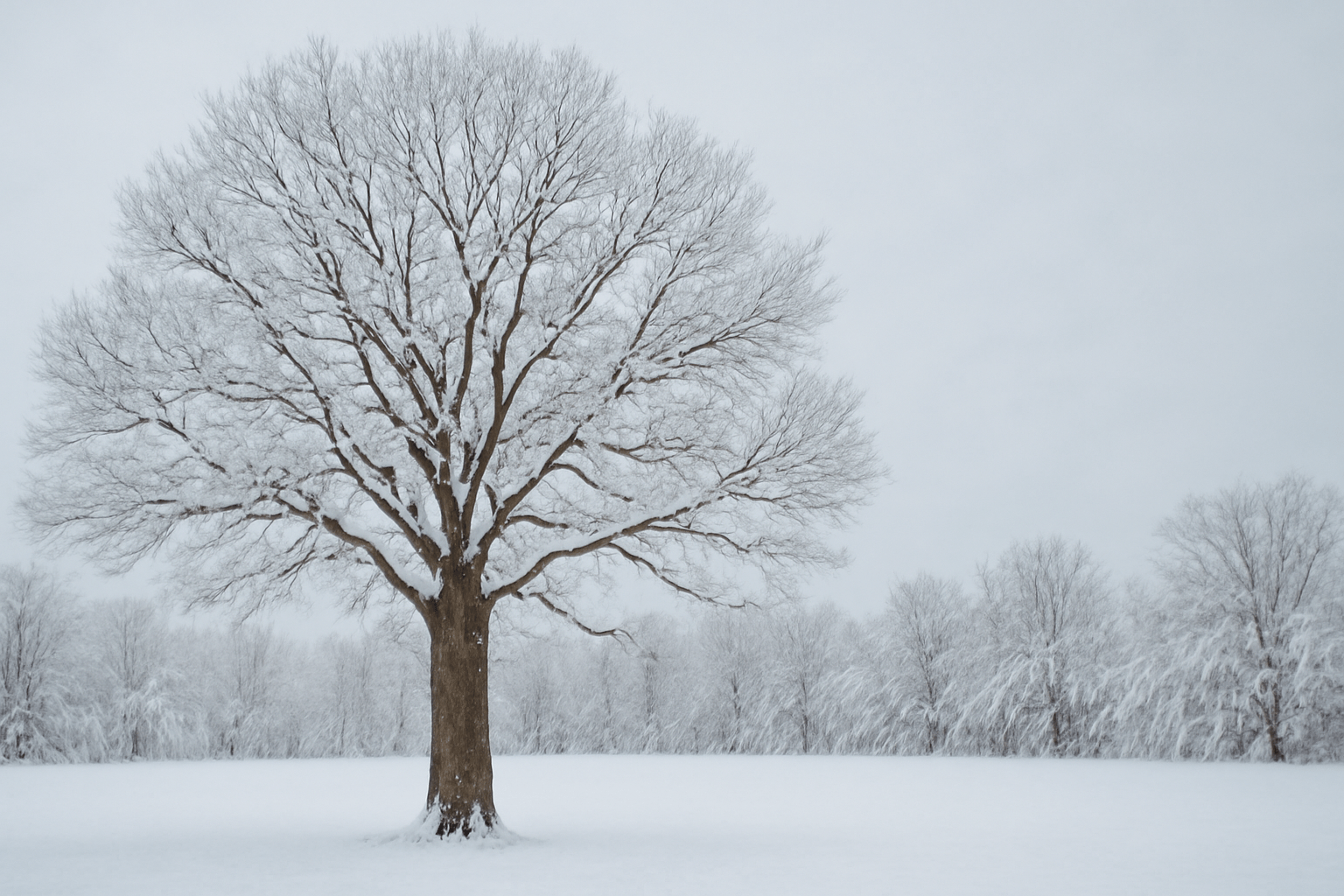 "Healthy hickory tree standing tall in a winter landscape."