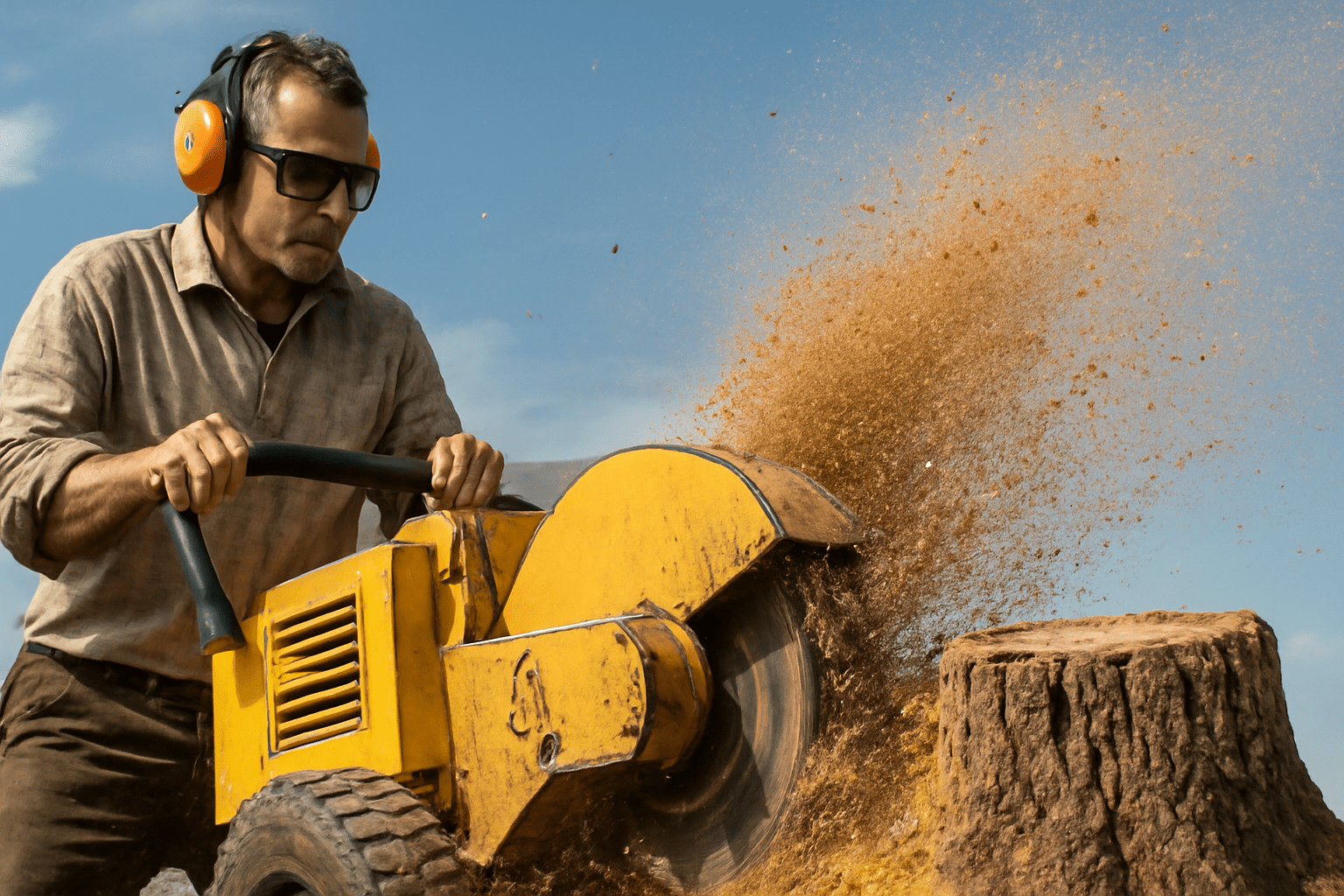 "Using a stump grinder to remove a hickory tree stump."