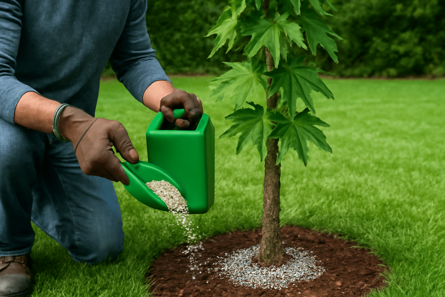 Gardener applying slow-release fertilizer to a columnar sweetgum tree for healthy growth.
