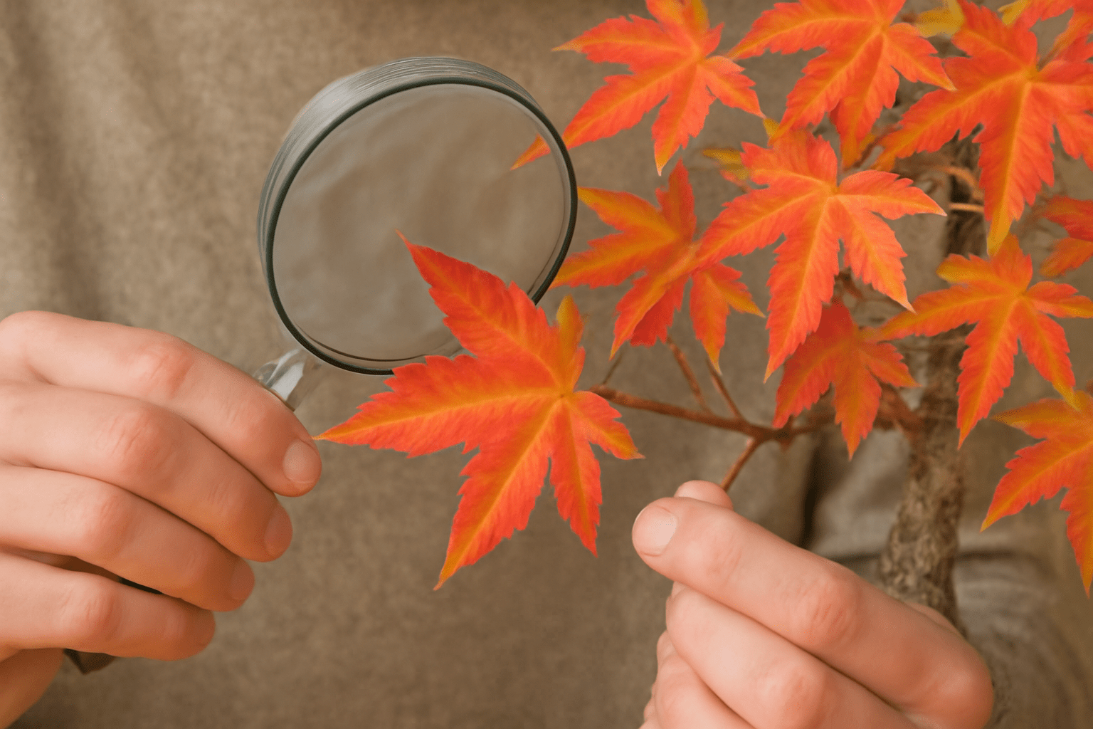 Person inspecting the leaves of American Sweetgum Bonsai for pests or signs of leaf damage with a magnifying glass.