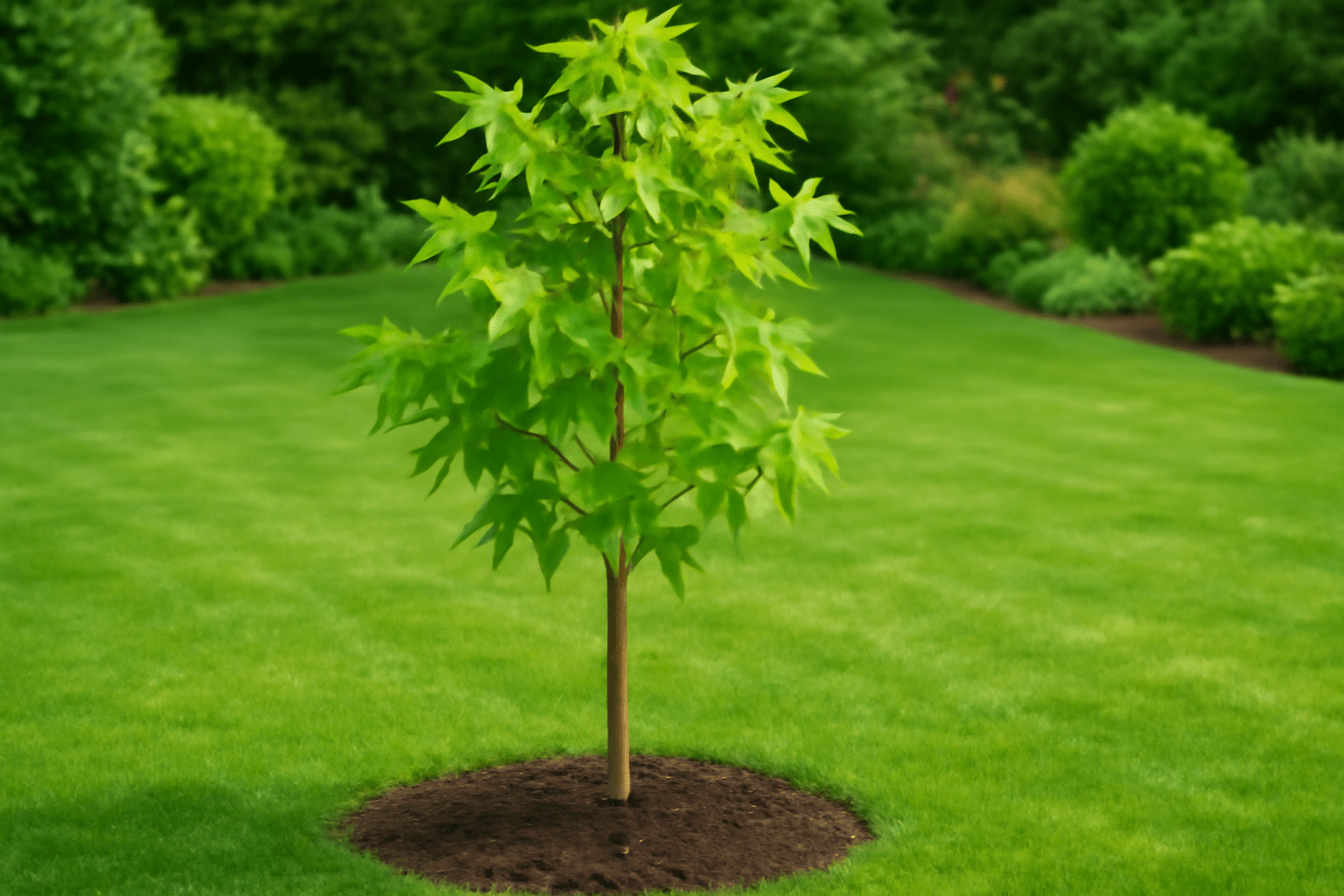 "Healthy Chinese Sweetgum tree in a well-maintained garden with proper soil, spacing, and pest prevention."