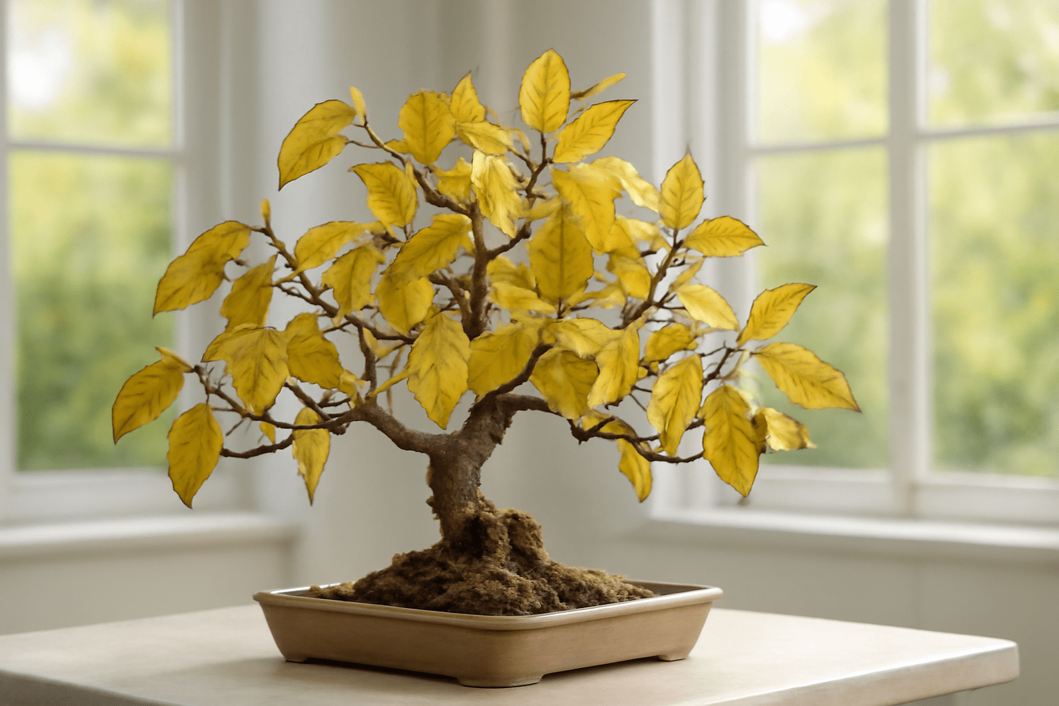 "Magnolia Bonsai Tree with yellowing leaves, indicating overwatering or nutrient deficiency."