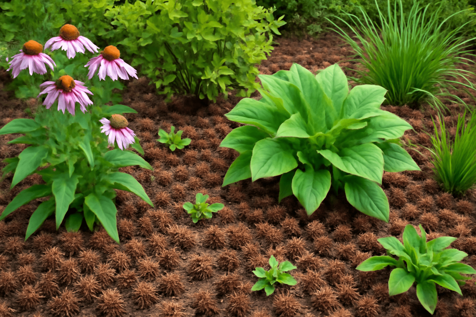 "Garden with sweetgum pods used as mulch, contributing to healthy plant growth and soil health."