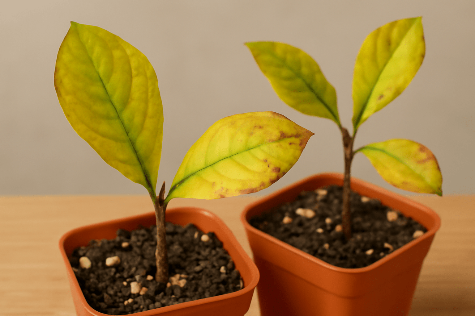 "Magnolia seedlings with yellowing leaves due to overwatering or nutrient deficiency"