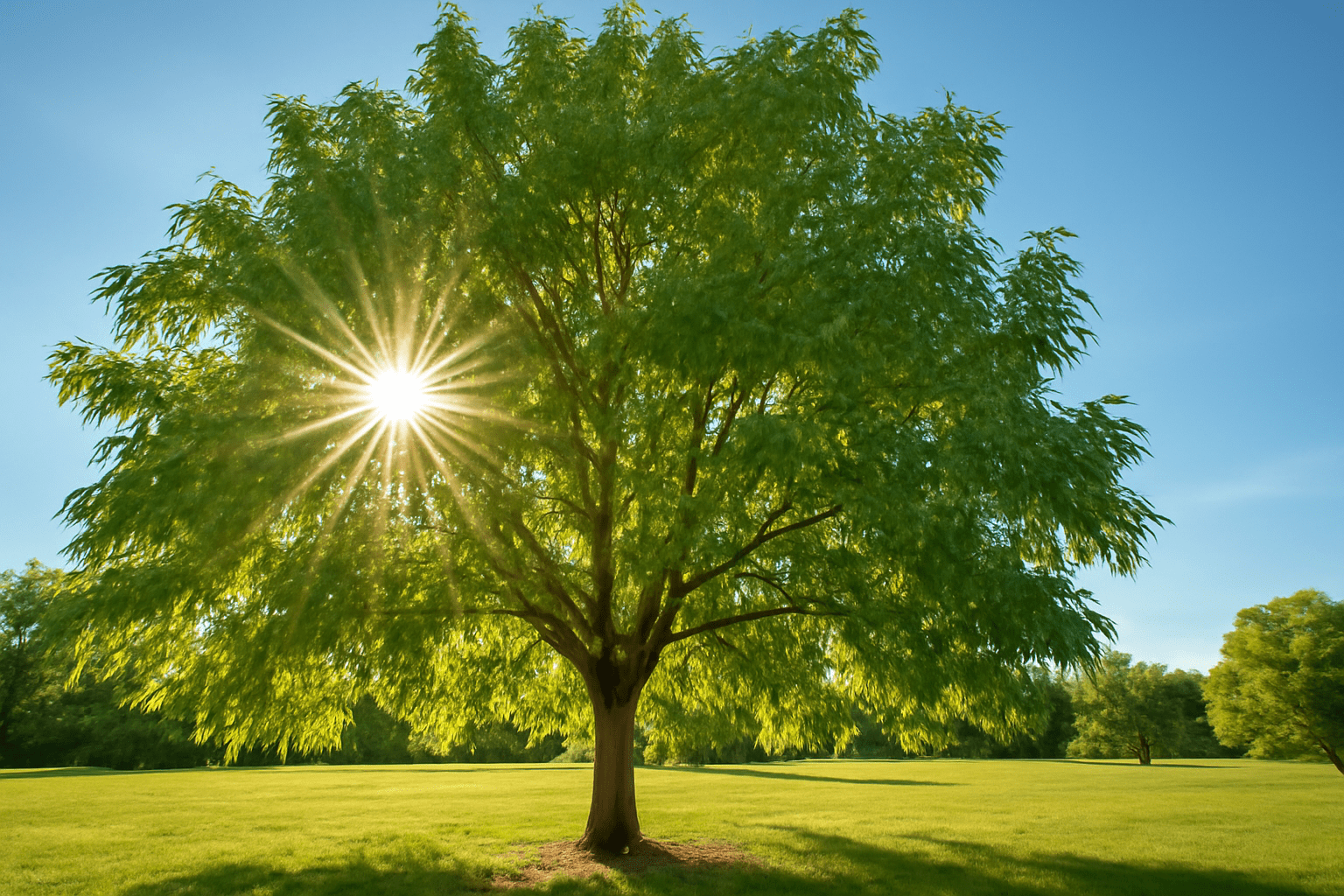 "Healthy pecan tree thriving in full sunlight, with plenty of light filtering through its leaves for optimal nut production."