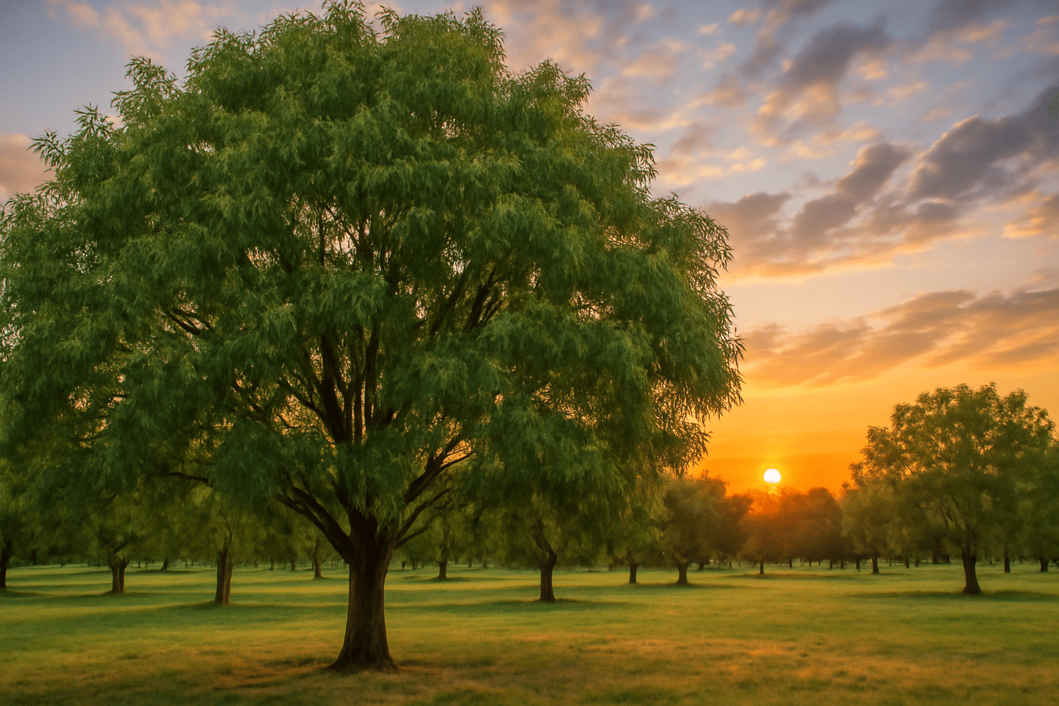 "Healthy pecan tree in an orchard at sunset, symbolizing long-term success."