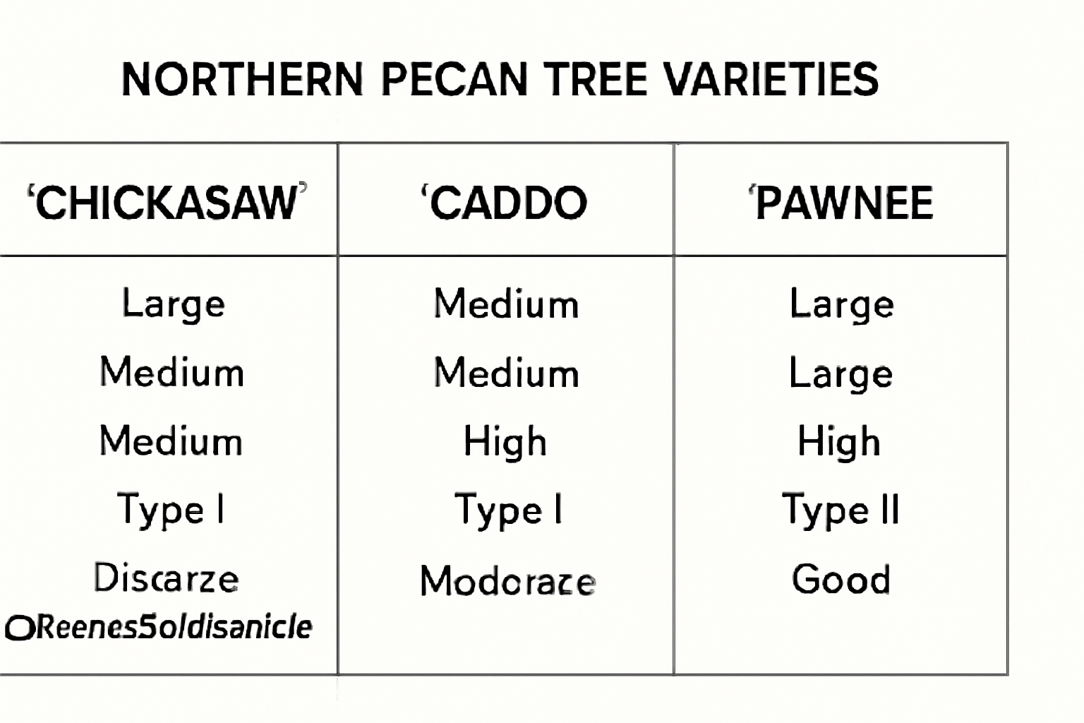 "Comparison of Northern Pecan tree varieties like ‘Chickasaw,’ ‘Caddo,’ and ‘Pawnee’."