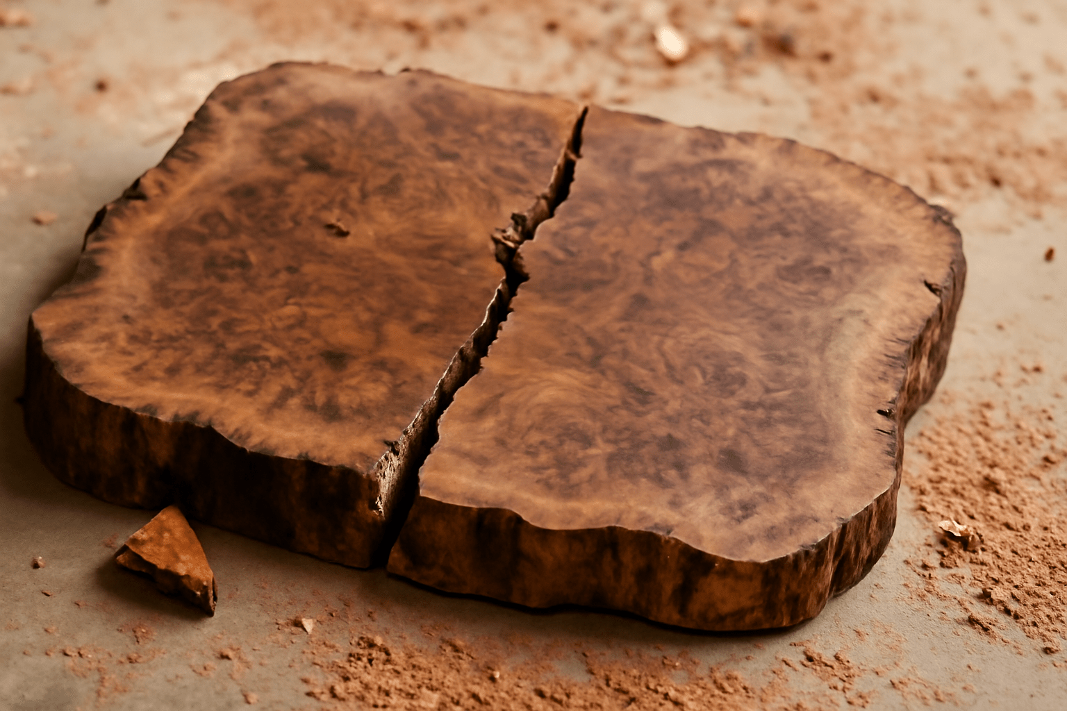 "Cracked walnut burl or overcut piece, highlighting common mistakes in preparing burl for woodworking."