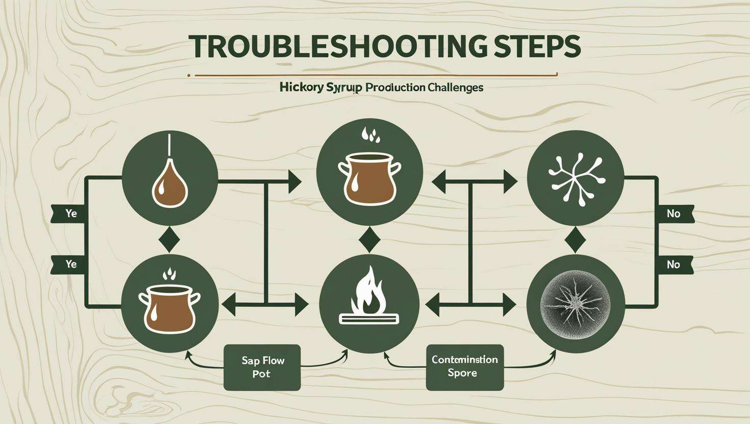 "Troubleshooting flowchart for common hickory syrup-making problems."