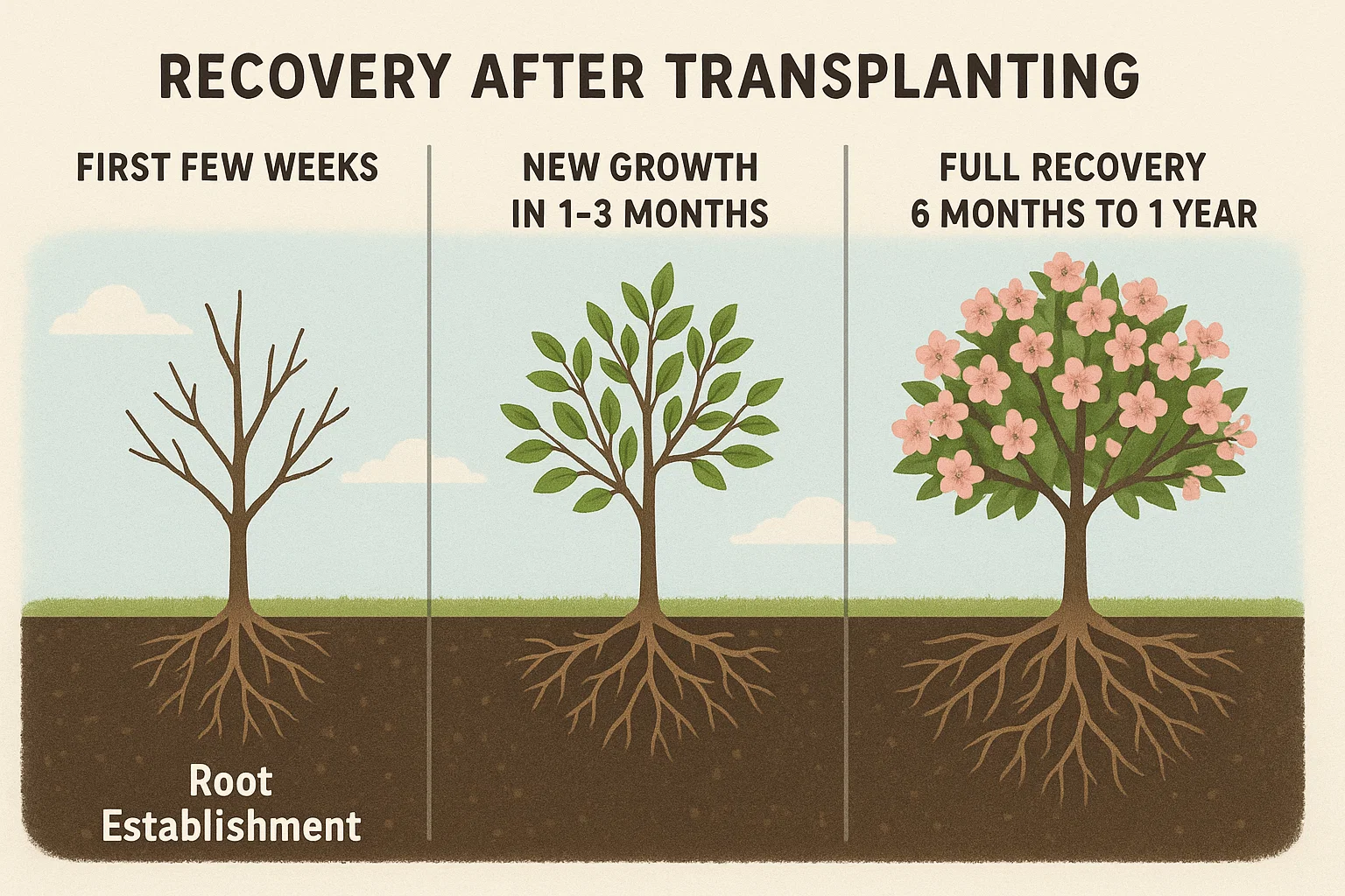 Illustration depicting tree recovery stages after transplanting, from bare branches to robust foliage with flowers.