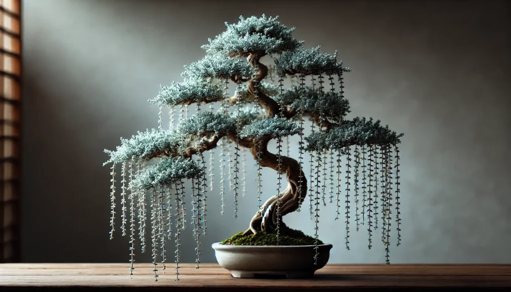 A beautifully shaped bonsai tree with cascading branches and delicate leaves, displayed in a simple ceramic pot on a wooden table.