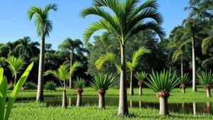 A scenic view of palm trees amidst a rich green field, creating a tropical atmosphere.