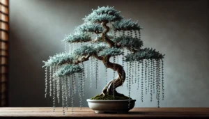 A beautifully shaped bonsai tree with cascading branches and delicate leaves, displayed in a simple ceramic pot on a wooden table.