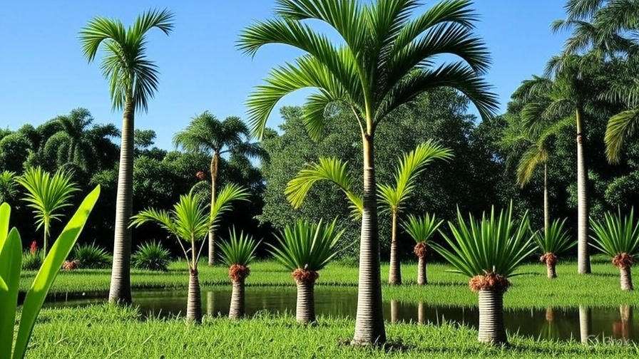 A scenic view of palm trees amidst a rich green field, creating a tropical atmosphere.
