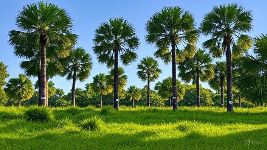 A vibrant field of palm trees surrounded by green grass under a clear blue sky.