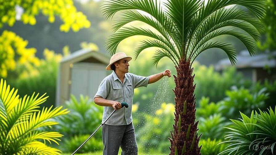 A man watering a palm tree in a lush garden, surrounded by various plants and greenery.
