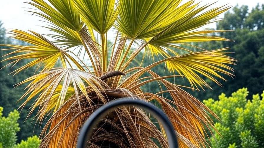  A palm tree with yellow leaves stands beside a parked bicycle against a clear blue sky.
