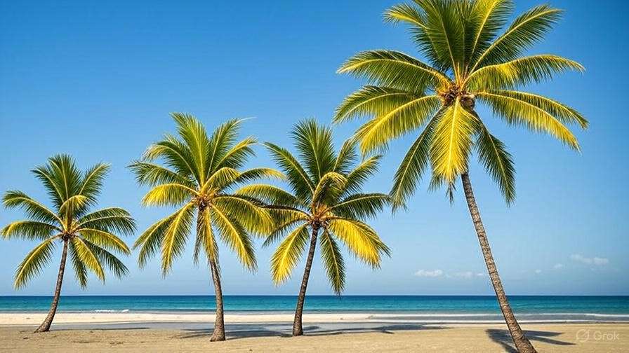 A serene beach scene featuring three palm trees against a backdrop of soft sand and a bright blue sky.
