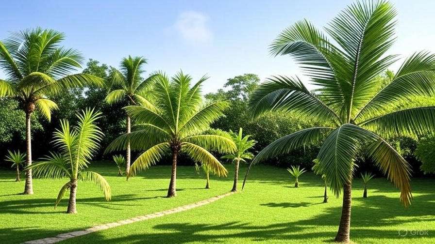 A serene landscape featuring palm trees amidst a rich green field, creating a tropical atmosphere.