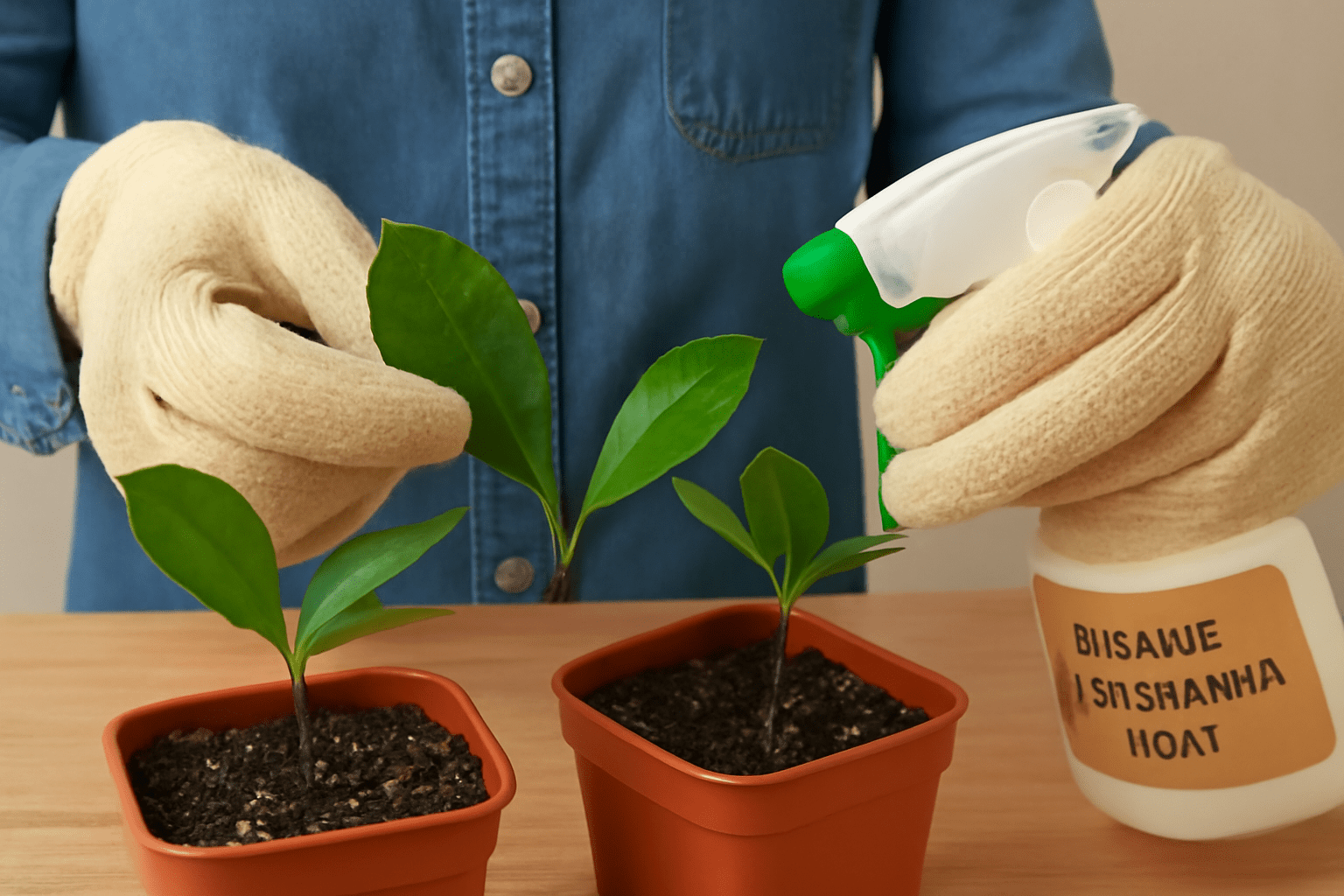 "Gardener inspecting magnolia seedlings for pests and using insecticidal soap"