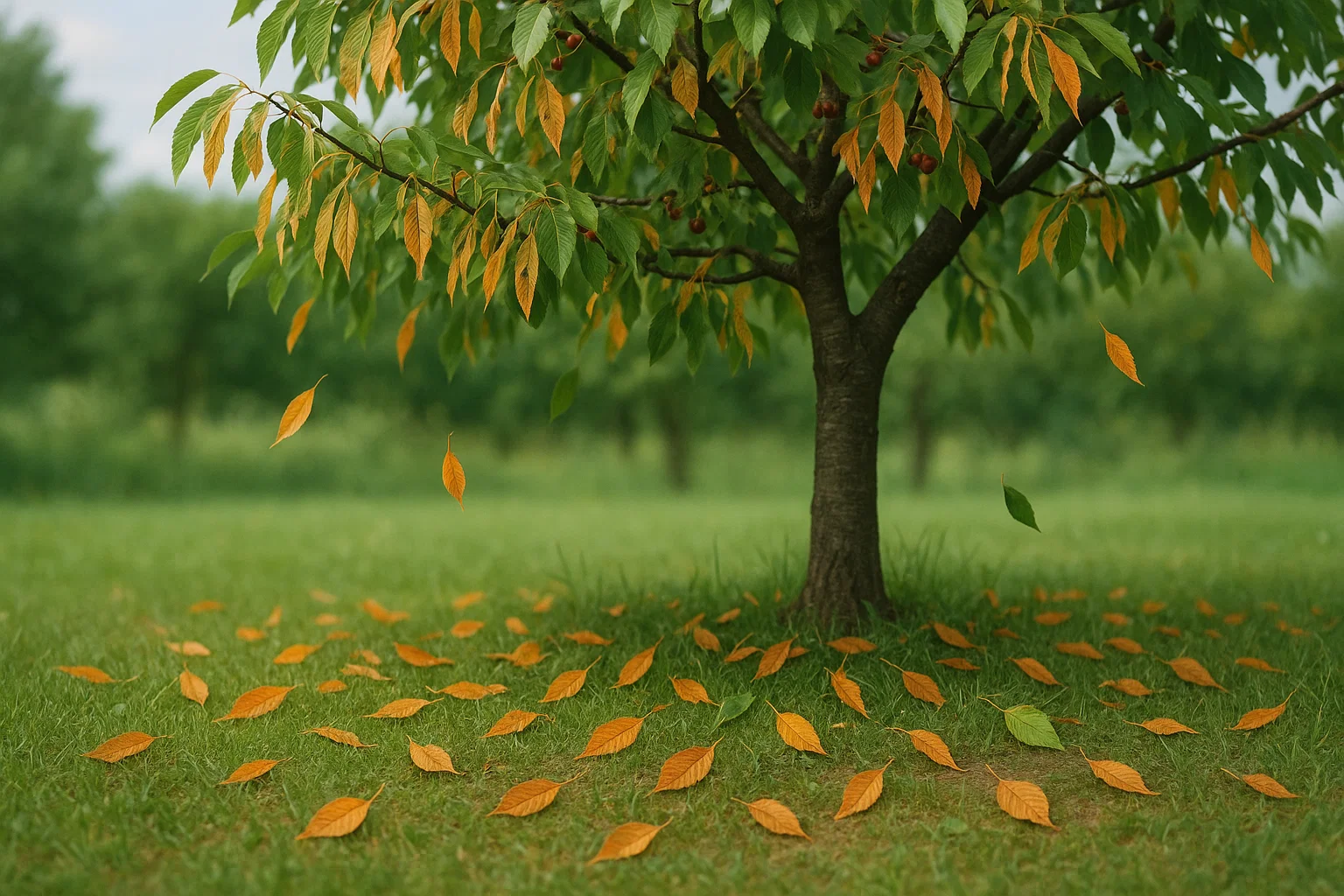 A tree with vibrant orange leaves scattered on the ground in an outdoor field during autumn.