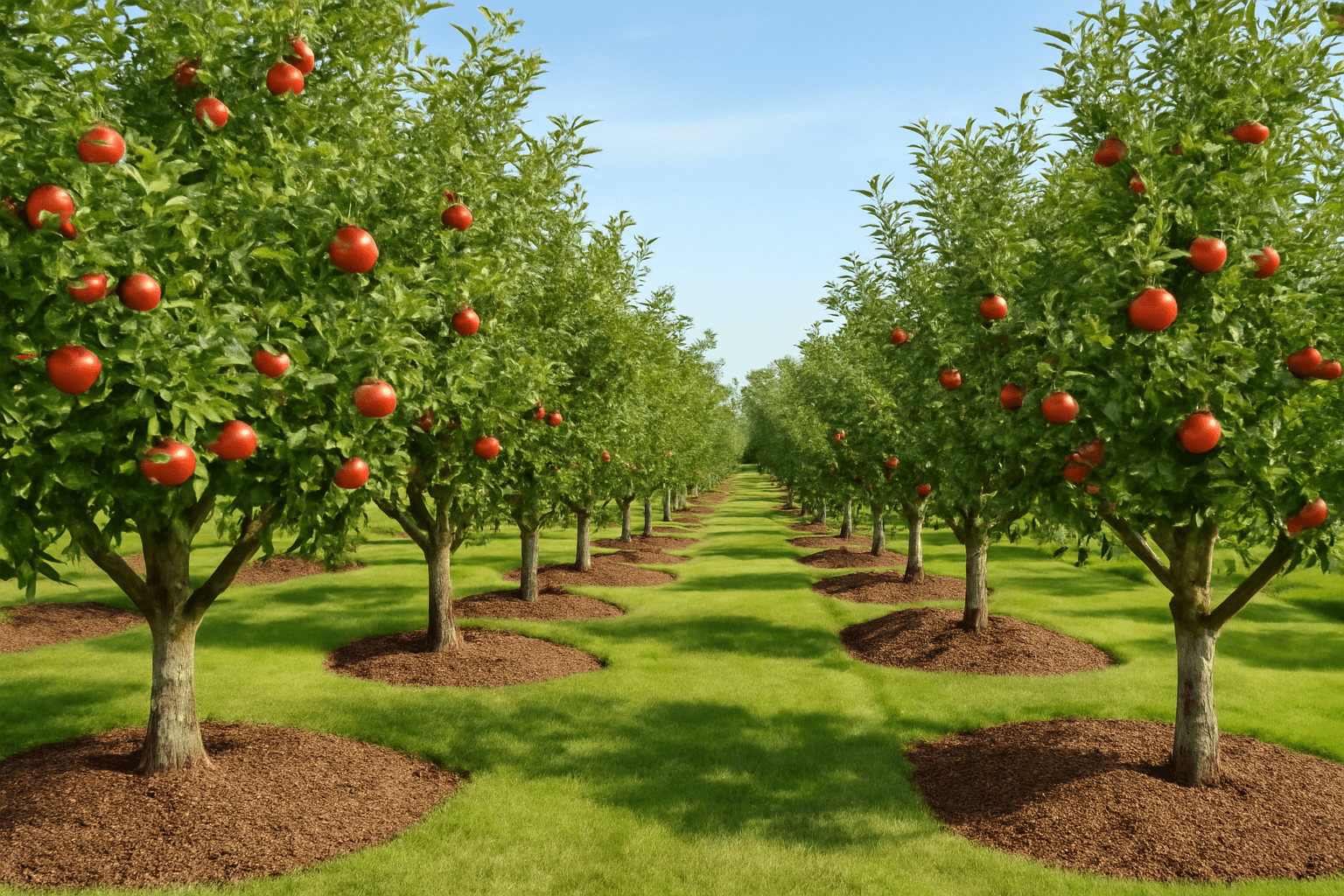 "Healthy apple orchard with properly pruned trees and mulch, representing long-term care for apple tree health."