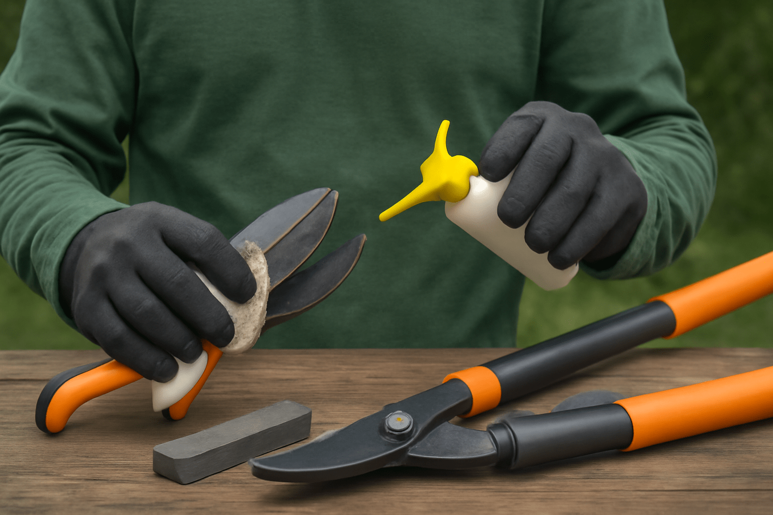 "Gardener cleaning, sharpening, and oiling pruning tools to maintain their performance."
