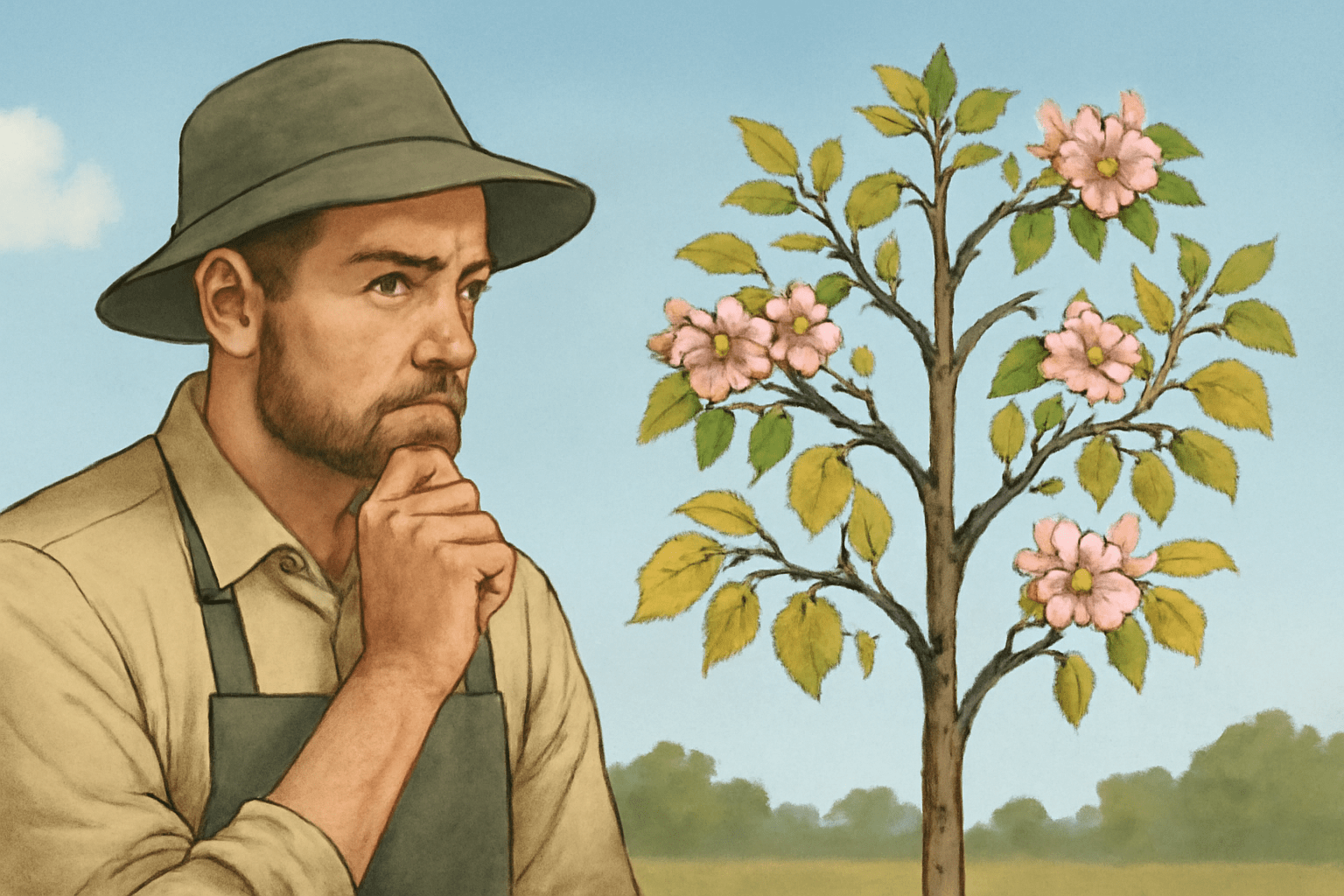 "Gardener inspecting a flowering apple tree with yellowing leaves and sparse blooms for diagnosis."