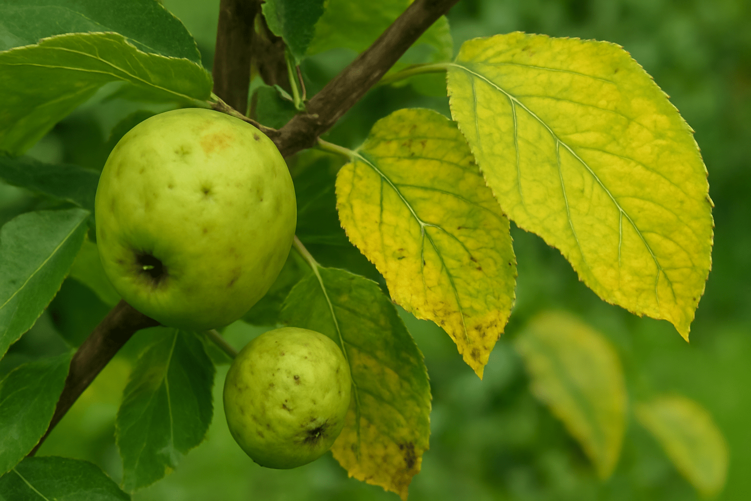 "Misshapen McIntosh apples and yellowing leaves showing common tree health problems."