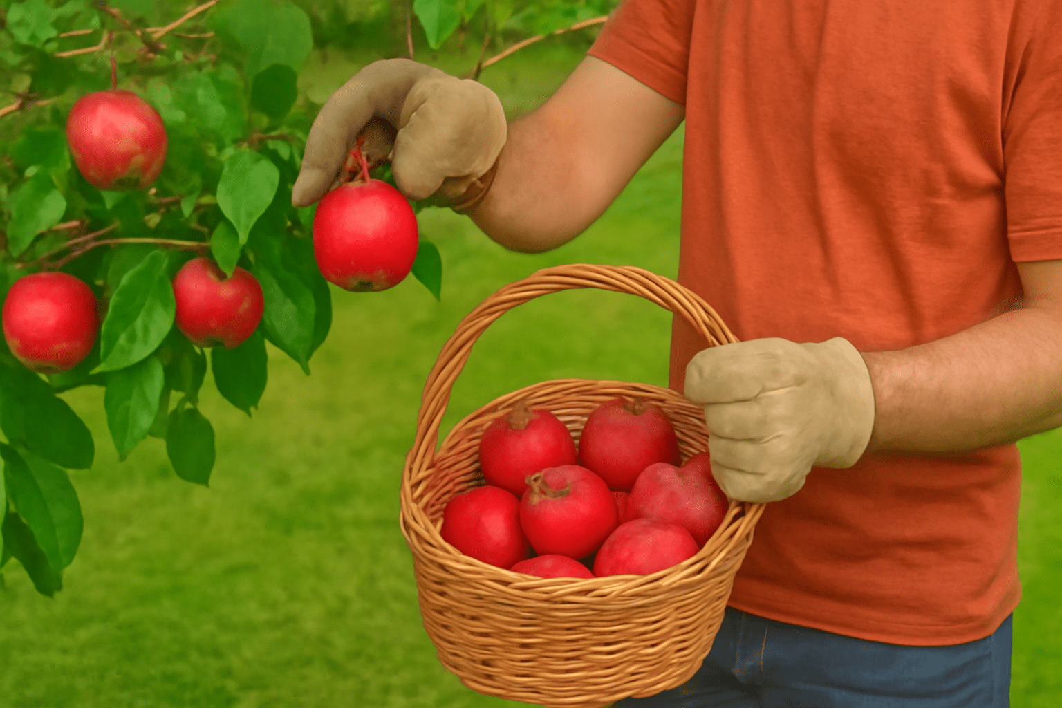 "Harvesting ripe paradise apples from the tree, gently placing them into a basket for storage."