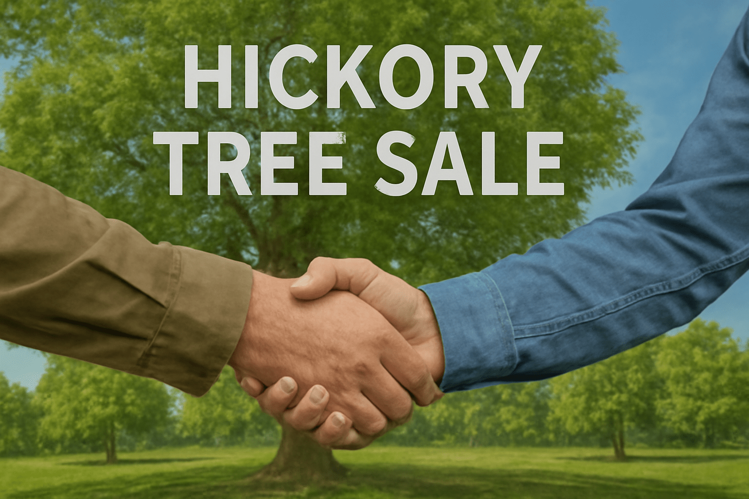 "Buyer and seller shaking hands after closing a hickory tree sale deal."