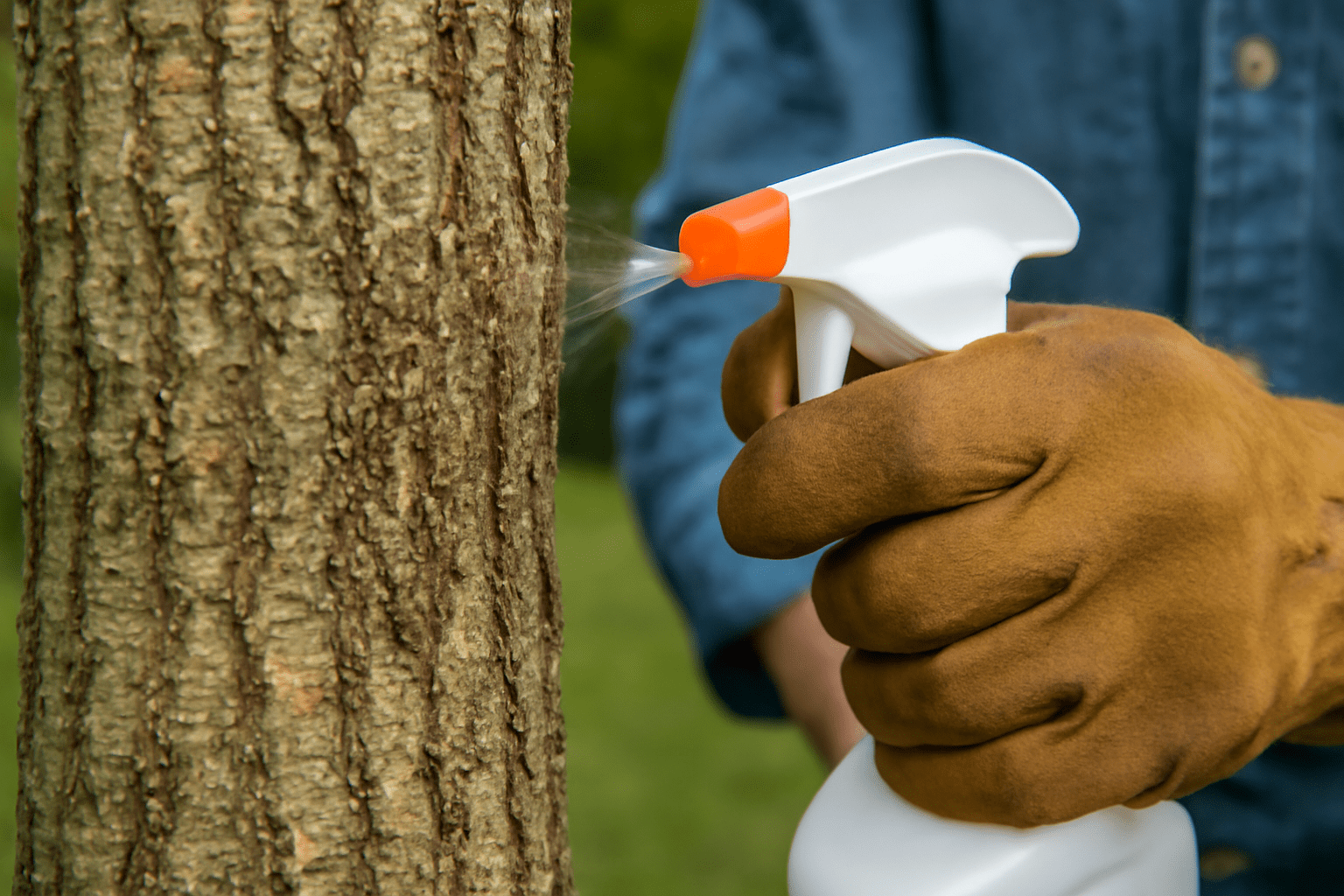 "Close-up of a hickory tree with visible pests, such as aphids or bark beetles, and a gardener applying insecticidal soap."