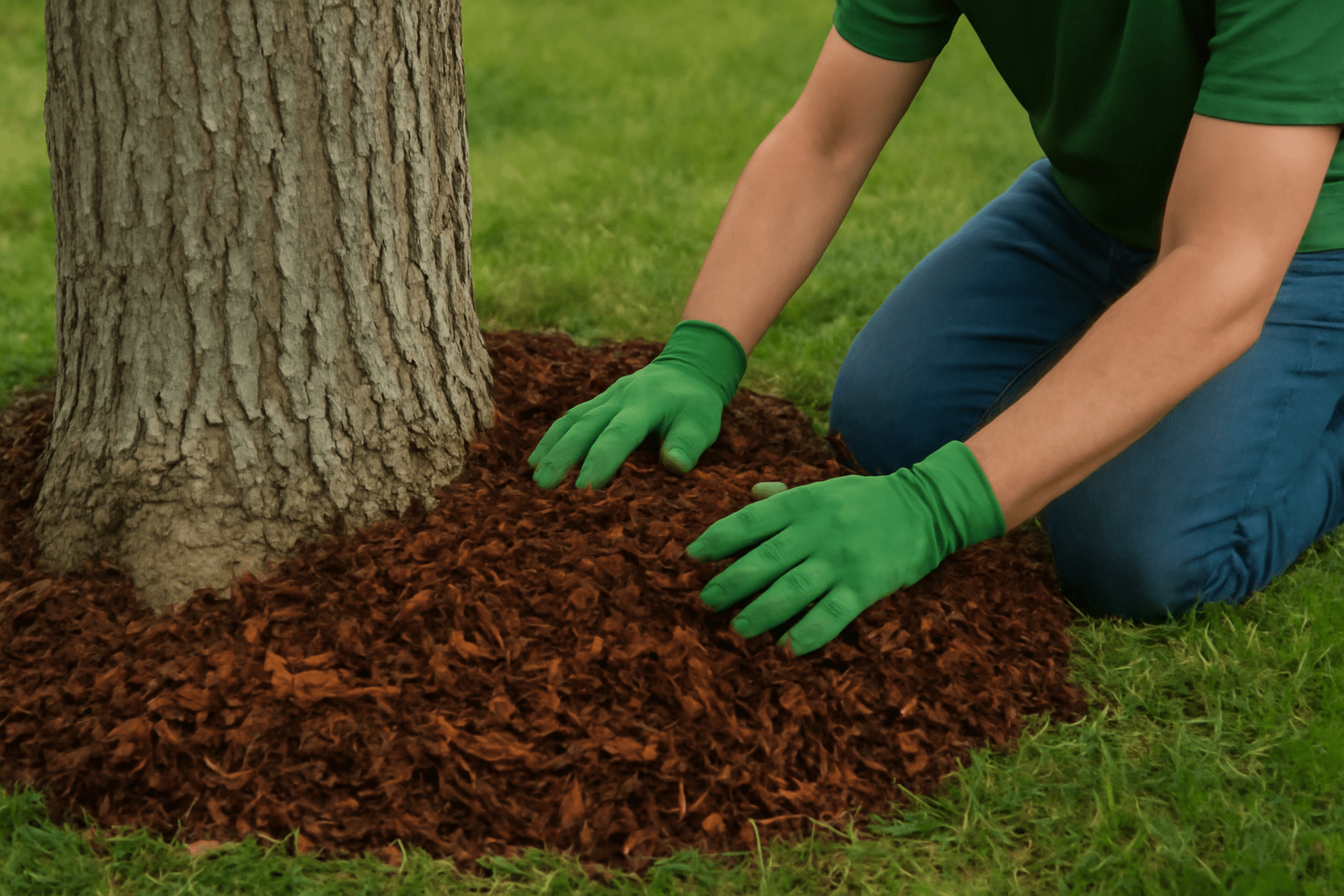 "Person applying mulch around the base of an old hickory tree to maintain soil health."